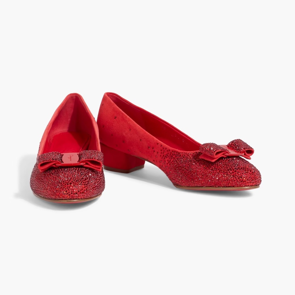 salvatore ferragamo - red suede and swarovski crystal vara pumps